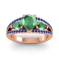 Emerald Ring In 14K Rose Gold With Blue Sapphire Vatama Pear Three-stone Ring