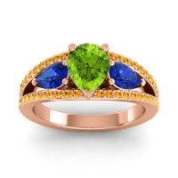 Peridot Ring In 14K Rose Gold With Blue Sapphire And Citrine Vatama Pear Three-stone Ring