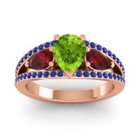 Peridot Ring In 14K Rose Gold With Garnet And Blue Sapphire Vatama Pear Three-stone Ring