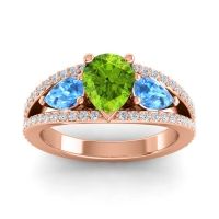Peridot Ring In 14K Rose Gold With Swiss Blue Topaz And Lab Diamond Vatama Pear Three-stone Ring
