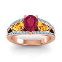 Ruby Ring In 18K Rose Gold With Citrine And Aquamarine Vatama Pear Three-stone Ring