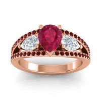 Ruby Ring In 18K Rose Gold With Lab Diamond And Garnet Vatama Pear Three-stone Ring