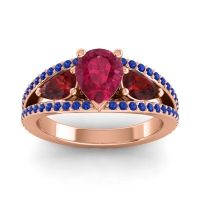 Ruby Ring In 14K Rose Gold With Garnet And Blue Sapphire Vatama Pear Three-stone Ring