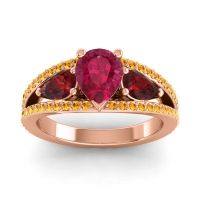 Ruby Ring In 18K Rose Gold With Garnet And Citrine Vatama Pear Three-stone Ring