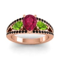 Ruby Ring In 18K Rose Gold With Peridot And Black Onyx Vatama Pear Three-stone Ring