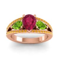 Ruby Ring In 18K Rose Gold With Peridot And Citrine Vatama Pear Three-stone Ring