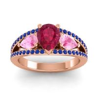 Ruby Ring In 14K Rose Gold With Pink Tourmaline And Blue Sapphire Vatama Pear Three-stone Ring