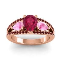 Ruby Ring In 14K Rose Gold With Pink Tourmaline And Garnet Vatama Pear Three-stone Ring