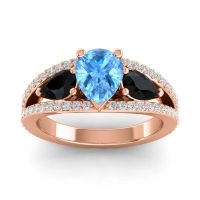 Swiss Blue Topaz Ring In 14K Rose Gold With Black Onyx And Lab Diamond Vatama Pear Three-stone Ring