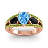 Swiss Blue Topaz Ring In 14K Rose Gold With Black Onyx And Peridot Vatama Pear Three-stone Ring