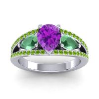 Amethyst Ring In 14k White Gold With Emerald And Peridot Vatama Pear Three-stone Ring