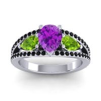 Amethyst Ring In 14k White Gold With Peridot And Black Onyx Vatama Pear Three-stone Ring