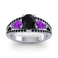 Black Onyx Ring In 14k White Gold With Amethyst Vatama Pear Three-stone Ring