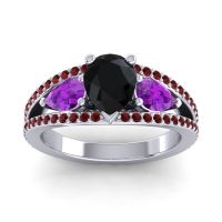 Black Onyx Ring In 14k White Gold With Amethyst And Garnet Vatama Pear Three-stone Ring