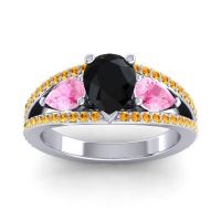 Black Onyx Ring In 14k White Gold With Pink Tourmaline And Citrine Vatama Pear Three-stone Ring