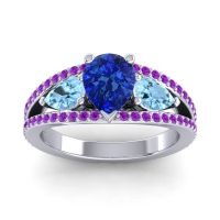 Blue Sapphire Ring In Palladium With Aquamarine And Amethyst Vatama Pear Three-stone Ring
