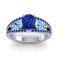 Blue Sapphire Ring In Palladium With Aquamarine Vatama Pear Three-stone Ring