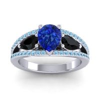 Blue Sapphire Ring In Palladium With Black Onyx And Aquamarine Vatama Pear Three-stone Ring