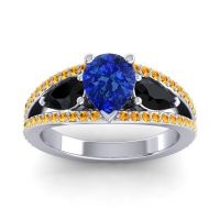 Blue Sapphire Ring In Palladium With Black Onyx And Citrine Vatama Pear Three-stone Ring