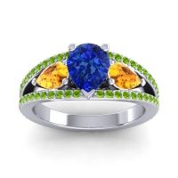 Blue Sapphire Ring In Palladium With Citrine And Peridot Vatama Pear Three-stone Ring