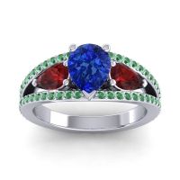Blue Sapphire Ring In Palladium With Garnet And Emerald Vatama Pear Three-stone Ring