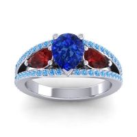 Blue Sapphire Ring In Palladium With Garnet And Swiss Blue Topaz Vatama Pear Three-stone Ring