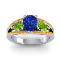 Blue Sapphire Ring In Palladium With Peridot And Citrine Vatama Pear Three-stone Ring