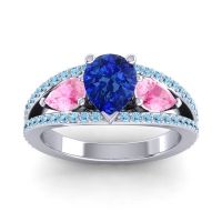 Blue Sapphire Ring In Palladium With Pink Tourmaline And Aquamarine Vatama Pear Three-stone Ring