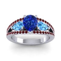 Blue Sapphire Ring In Palladium With Swiss Blue Topaz And Garnet Vatama Pear Three-stone Ring