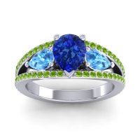 Blue Sapphire Ring In 14k White Gold With Swiss Blue Topaz And Peridot Vatama Pear Three-stone Ring