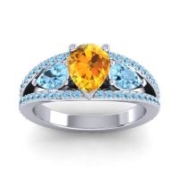 Citrine Ring In 14k White Gold With Aquamarine Vatama Pear Three-stone Ring