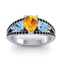 Citrine Ring In 14k White Gold With Aquamarine And Black Onyx Vatama Pear Three-stone Ring