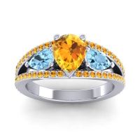 Citrine Ring In 14k White Gold With Aquamarine Vatama Pear Three-stone Ring