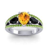 Citrine Ring In 14k White Gold With Black Onyx And Peridot Vatama Pear Three-stone Ring