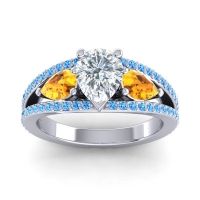 Diamond Ring In Palladium With Citrine And Swiss Blue Topaz Vatama Pear Three-stone Ring