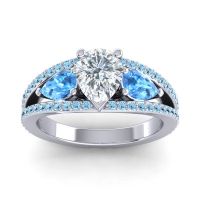 Lab Diamond Ring In Palladium With Swiss Blue Topaz And Aquamarine Vatama Pear Three-stone Ring