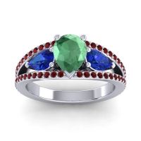 Emerald Ring In Palladium With Blue Sapphire And Garnet Vatama Pear Three-stone Ring