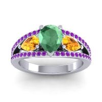 Emerald Ring In Palladium With Citrine And Amethyst Vatama Pear Three-stone Ring