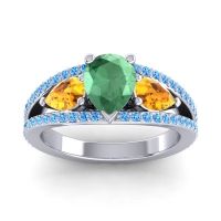 Emerald Ring In Palladium With Citrine And Swiss Blue Topaz Vatama Pear Three-stone Ring