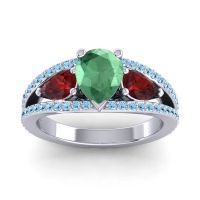 Emerald Ring In 18k White Gold With Garnet And Aquamarine Vatama Pear Three-stone Ring