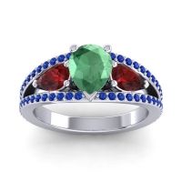 Emerald Ring In Palladium With Garnet And Blue Sapphire Vatama Pear Three-stone Ring