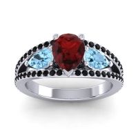 Garnet Ring In 14k White Gold With Aquamarine And Black Onyx Vatama Pear Three-stone Ring
