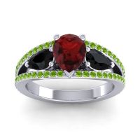 Garnet Ring In 14k White Gold With Black Onyx And Peridot Vatama Pear Three-stone Ring