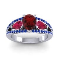 Garnet Ring In 14k White Gold With Ruby And Blue Sapphire Vatama Pear Three-stone Ring