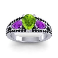 Peridot Ring In 14k White Gold With Amethyst And Black Onyx Vatama Pear Three-stone Ring
