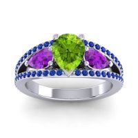 Peridot Ring In 14k White Gold With Amethyst And Blue Sapphire Vatama Pear Three-stone Ring