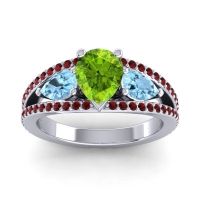 Peridot Ring In 14k White Gold With Aquamarine And Garnet Vatama Pear Three-stone Ring