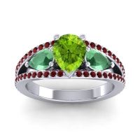 Peridot Ring In 14k White Gold With Emerald And Garnet Vatama Pear Three-stone Ring