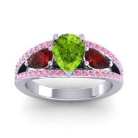 Peridot Ring In 14k White Gold With Garnet And Pink Tourmaline Vatama Pear Three-stone Ring