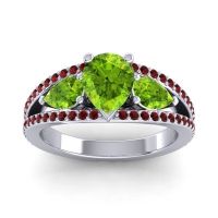 Peridot Ring In 14k White Gold With Garnet Vatama Pear Three-stone Ring